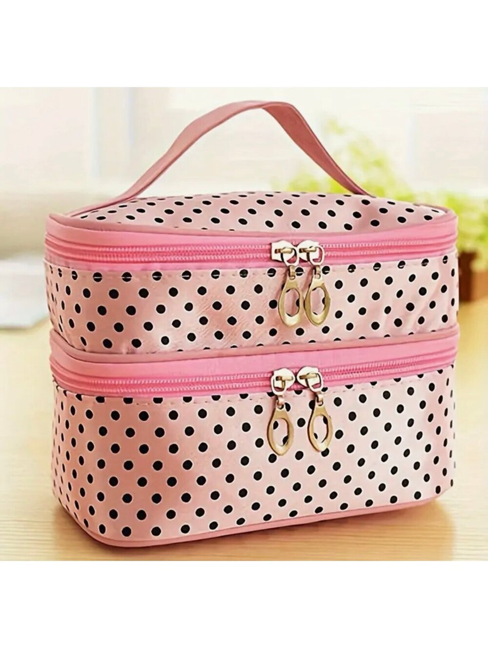 New - Spacious - Double-Layer ZipperCosmetic Bag -Pink /Black Polka-Dots